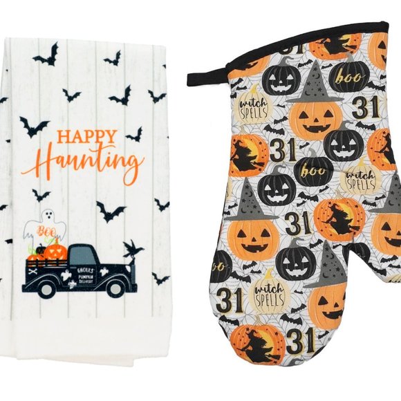 Happy Haunting Halloween Pumpkins bats Oven Mitt Dish Towel Kitchen decor 2p Set - Picture 1 of 10